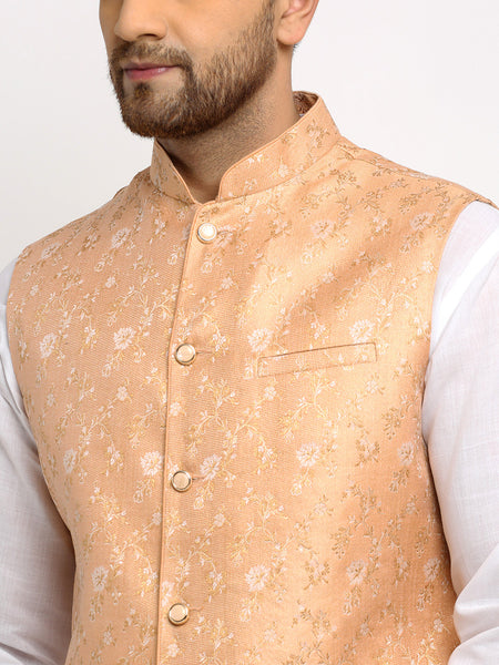 New Designer Men Peach Brocade Nehru Jacket With Golden Work By Treemoda
