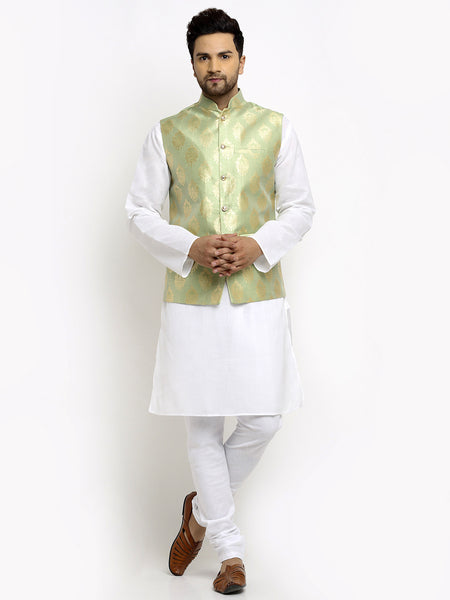 New Designer Men Tea  Green Brocade Nehru Jacket With Golden Work By Treemoda
