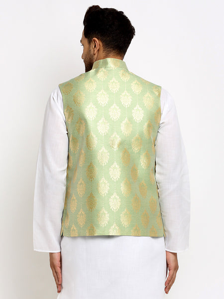 New Designer Men Tea  Green Brocade Nehru Jacket With Golden Work By Treemoda
