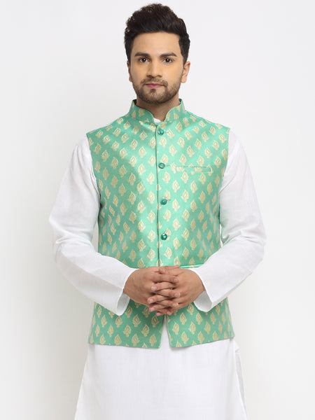 New Designer Men Aqua Green Brocade Nehru Jacket With Golden Work By Treemoda