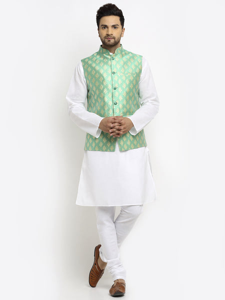 New Designer Men Aqua Green Brocade Nehru Jacket With Golden Work By Treemoda