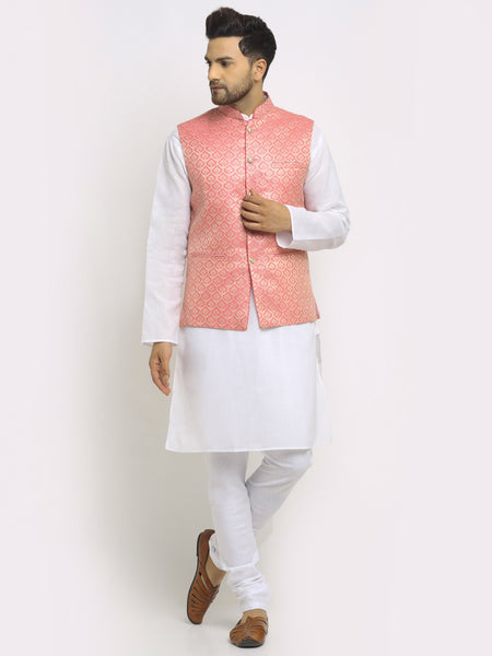 New Designer Men Pink and Golden Brocade Nehru Jacket With Golden Work By Treemoda