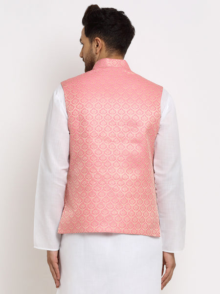 New Designer Men Pink and Golden Brocade Nehru Jacket With Golden Work By Treemoda