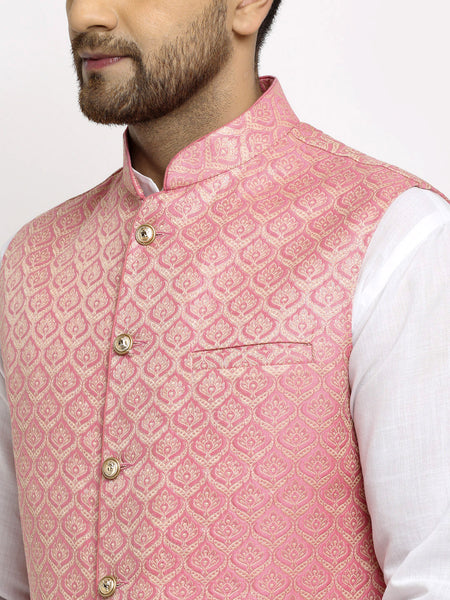 New Designer Men Pink and Golden Brocade Nehru Jacket With Golden Work By Treemoda