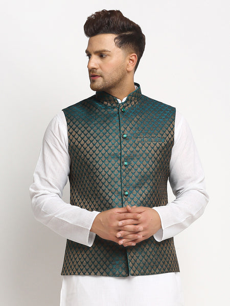 New Designer Men Dark Green Brocade Nehru Jacket With Golden Work By Treemoda