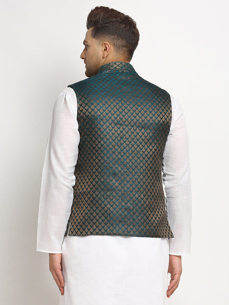 New Designer Men Dark Green Brocade Nehru Jacket With Golden Work By Treemoda