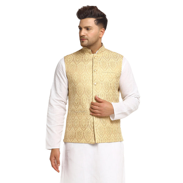New Designer Men Light Golden Brocade Nehru Jacket With Golden Work By Treemoda