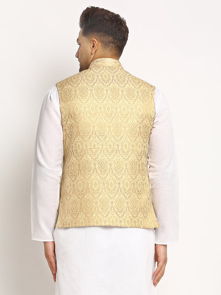New Designer Men Light Golden Brocade Nehru Jacket With Golden Work By Treemoda