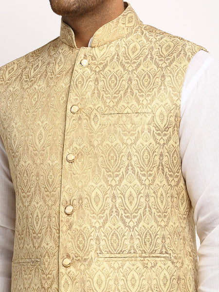 New Designer Men Light Golden Brocade Nehru Jacket With Golden Work By Treemoda