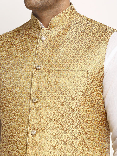 New Designer Men Dark Golden Brocade Nehru Jacket With Golden Work By Treemoda
