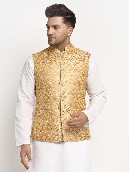 New Designer Men Rose Gold Brocade Nehru Jacket With Golden Work By Treemoda