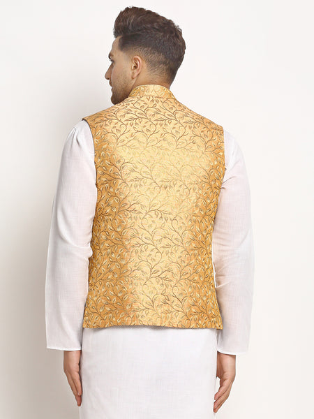 New Designer Men Rose Gold Brocade Nehru Jacket With Golden Work By Treemoda