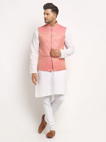 New Designer Men Pink Brocade Nehru Jacket With Golden Work By Treemoda