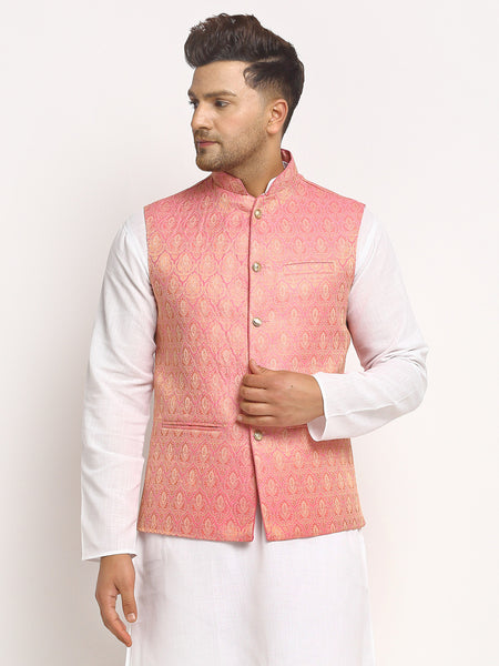 New Designer Men Pink Brocade Nehru Jacket With Golden Work By Treemoda