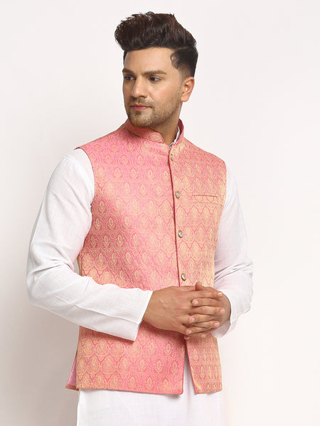 New Designer Men Pink Brocade Nehru Jacket With Golden Work By Treemoda