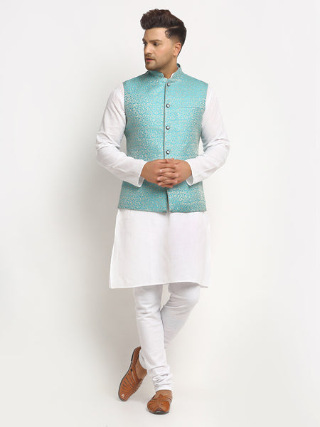 New Designer Men Turquoise Blue Brocade Nehru Jacket By Treemoda