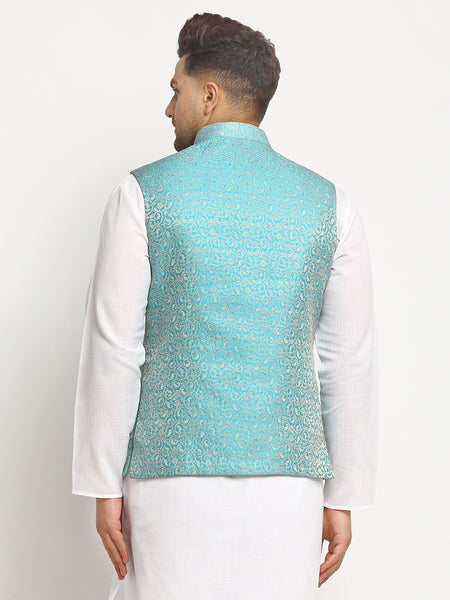 New Designer Men Turquoise Blue Brocade Nehru Jacket By Treemoda