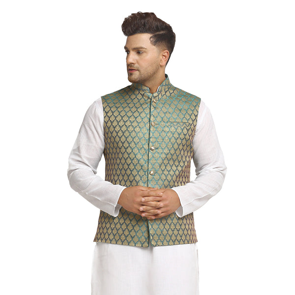 New Designer Men Sapphire Blue Brocade Nehru Jacket With Golden Work By Treemoda