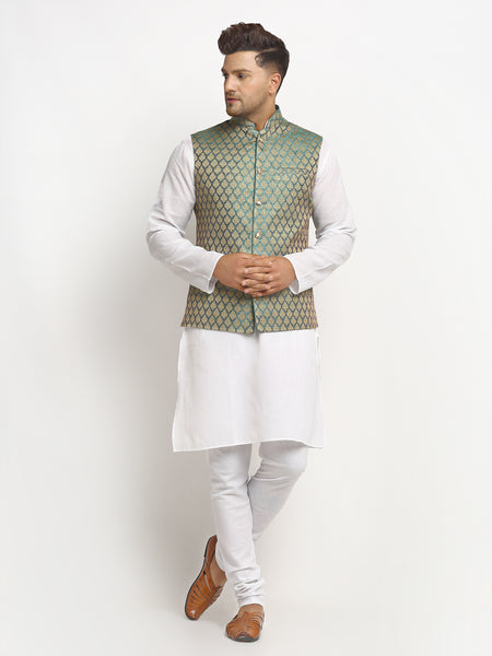 New Designer Men Sapphire Blue Brocade Nehru Jacket With Golden Work By Treemoda