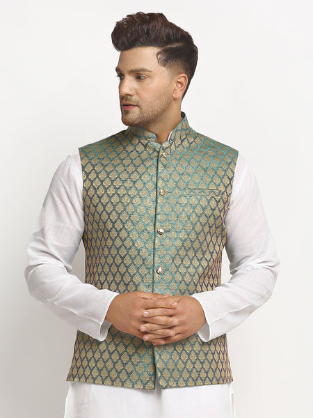 New Designer Men Sapphire Blue Brocade Nehru Jacket With Golden Work By Treemoda