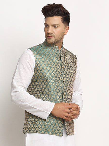 New Designer Men Sapphire Blue Brocade Nehru Jacket With Golden Work By Treemoda