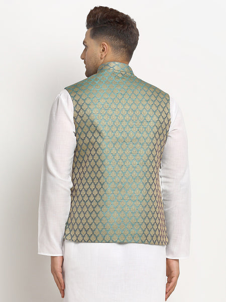 New Designer Men Sapphire Blue Brocade Nehru Jacket With Golden Work By Treemoda