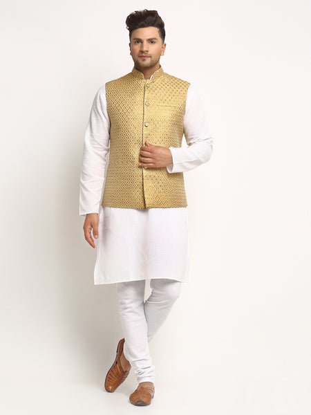 New Designer Men Golden Brocade Nehru Jacket With Golden Work By Treemoda