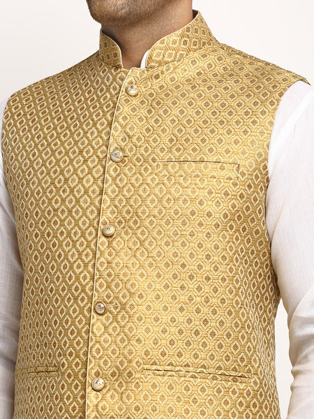 New Designer Men Golden Brocade Nehru Jacket With Golden Work By Treemoda