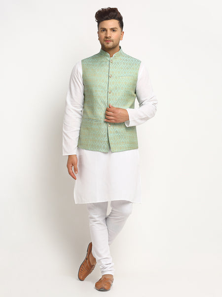 New Designer Men Turquoise Green Brocade Nehru Jacket With Golden Work By Treemoda