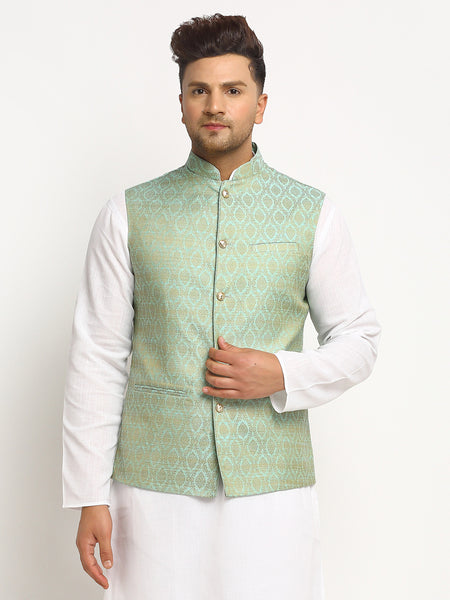 New Designer Men Turquoise Green Brocade Nehru Jacket With Golden Work By Treemoda