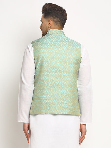 New Designer Men Turquoise Green Brocade Nehru Jacket With Golden Work By Treemoda