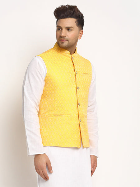 New Designer Men Yellow Brocade Nehru Jacket With Golden Work By Treemoda