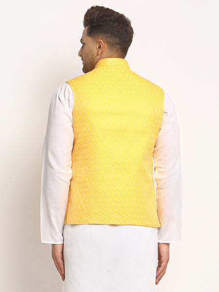 New Designer Men Yellow Brocade Nehru Jacket With Golden Work By Treemoda