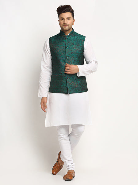 New Designer Men Bottle Green  Brocade Nehru Jacket With Golden Work By Treemoda
