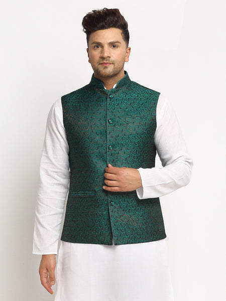 New Designer Men Bottle Green  Brocade Nehru Jacket With Golden Work By Treemoda