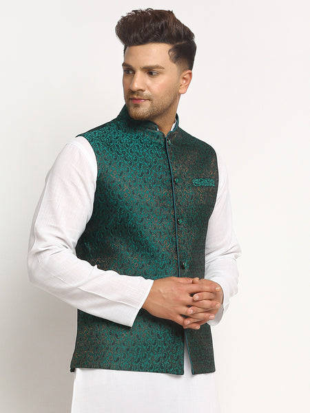 New Designer Men Bottle Green  Brocade Nehru Jacket With Golden Work By Treemoda