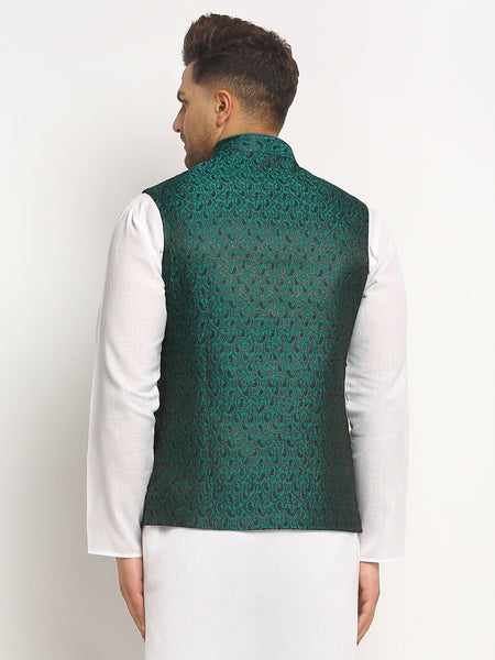 New Designer Men Bottle Green  Brocade Nehru Jacket With Golden Work By Treemoda