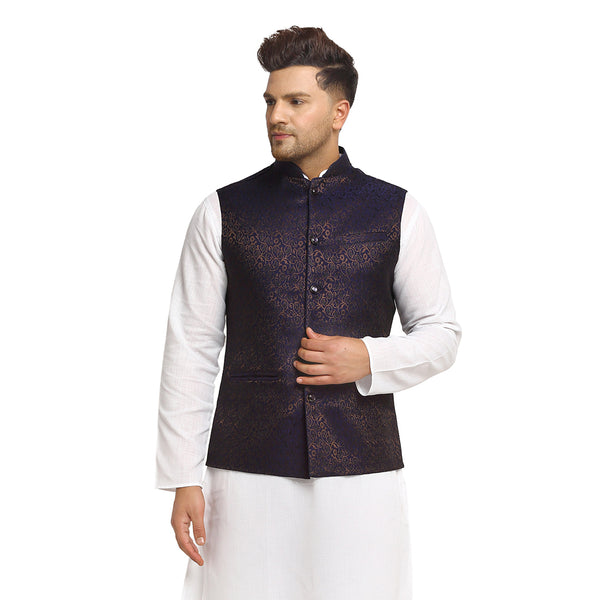 New Designer Men Navy Blue Brocade Nehru Jacket With Golden Work By Treemoda
