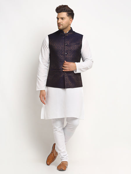 New Designer Men Navy Blue Brocade Nehru Jacket With Golden Work By Treemoda