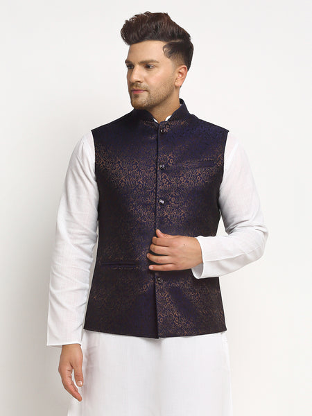 New Designer Men Navy Blue Brocade Nehru Jacket With Golden Work By Treemoda