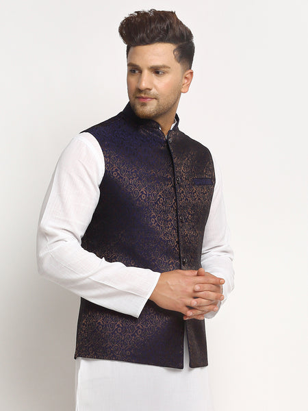 New Designer Men Navy Blue Brocade Nehru Jacket With Golden Work By Treemoda