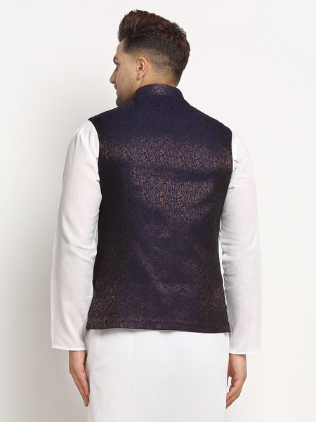 New Designer Men Navy Blue Brocade Nehru Jacket With Golden Work By Treemoda