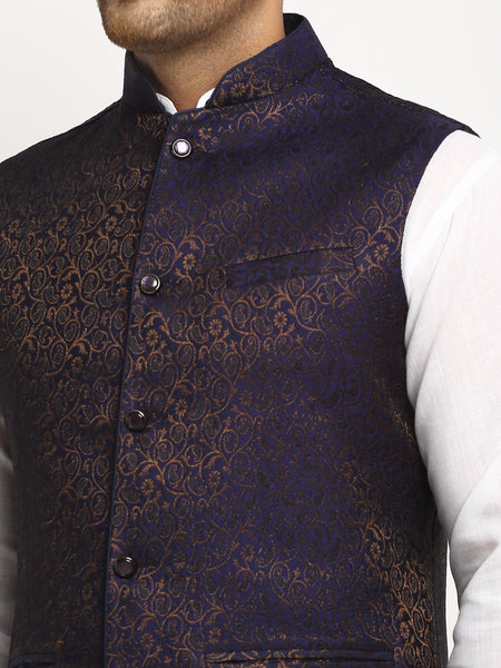 New Designer Men Navy Blue Brocade Nehru Jacket With Golden Work By Treemoda