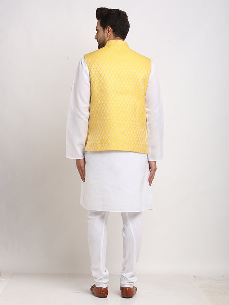 Treemoda Ethnic Plain White Kurta Pajama With Brocade Yellow Nehru Jacket For Men