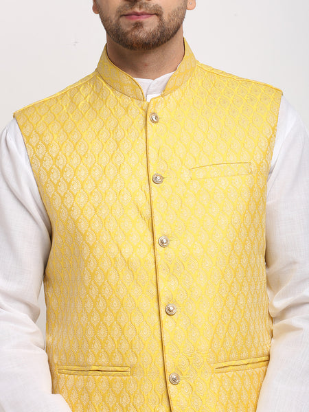 Treemoda Ethnic Plain White Kurta Pajama With Brocade Yellow Nehru Jacket For Men