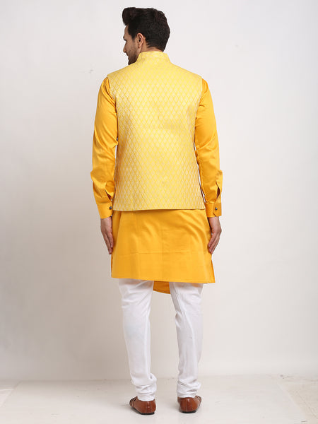 Treemoda Ethnic Cotton Blend Yellow Kurta Pajama With Brocade Yellow Nehru Jacket For Men