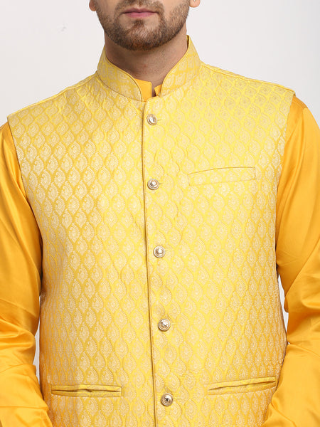 Treemoda Ethnic Cotton Blend Yellow Kurta Pajama With Brocade Yellow Nehru Jacket For Men