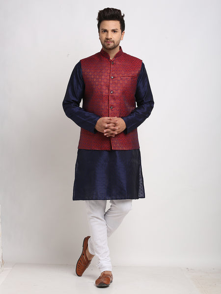 Treemoda Ethnic Brocade Navy Blue Kurta Pajama With Brocade Maroon Nehru Jacket For Men