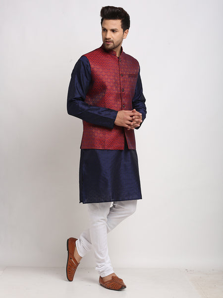 Treemoda Ethnic Brocade Navy Blue Kurta Pajama With Brocade Maroon Nehru Jacket For Men