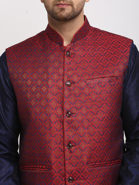 Treemoda Ethnic Brocade Navy Blue Kurta Pajama With Brocade Maroon Nehru Jacket For Men
